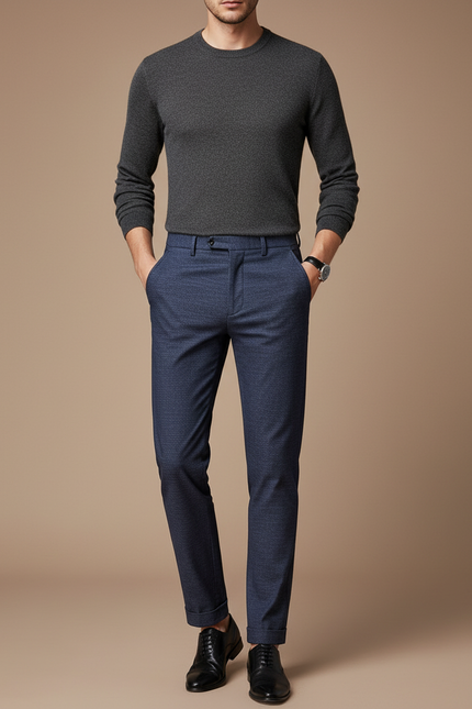 Pantalon Chino Bleu Marine Texturé Slim Élégant Homme - Laine