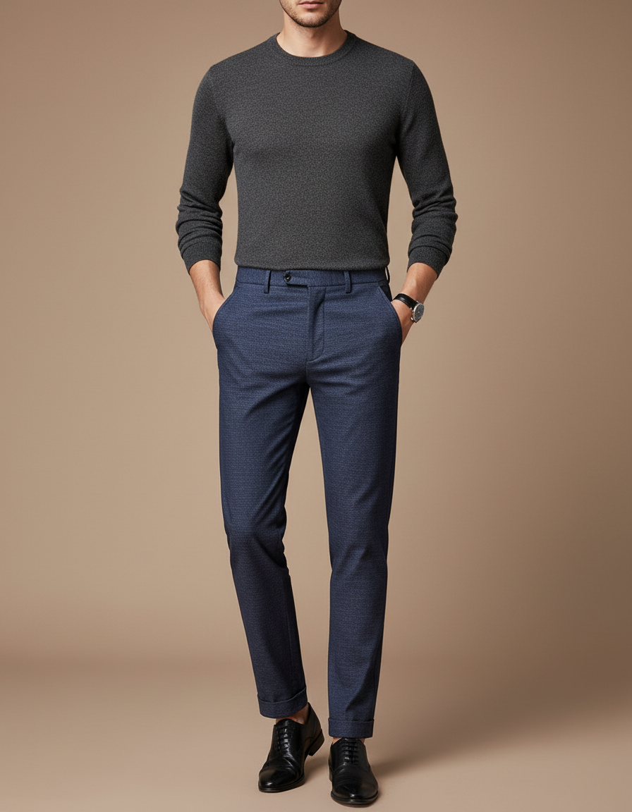 Pantalon Chino Bleu Marine Texturé Slim Élégant Homme - Laine
