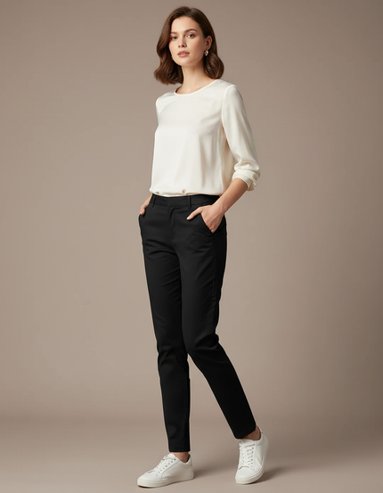 Pantalon Chino Noir Slim Femme Décontracté Élégant - Coton
