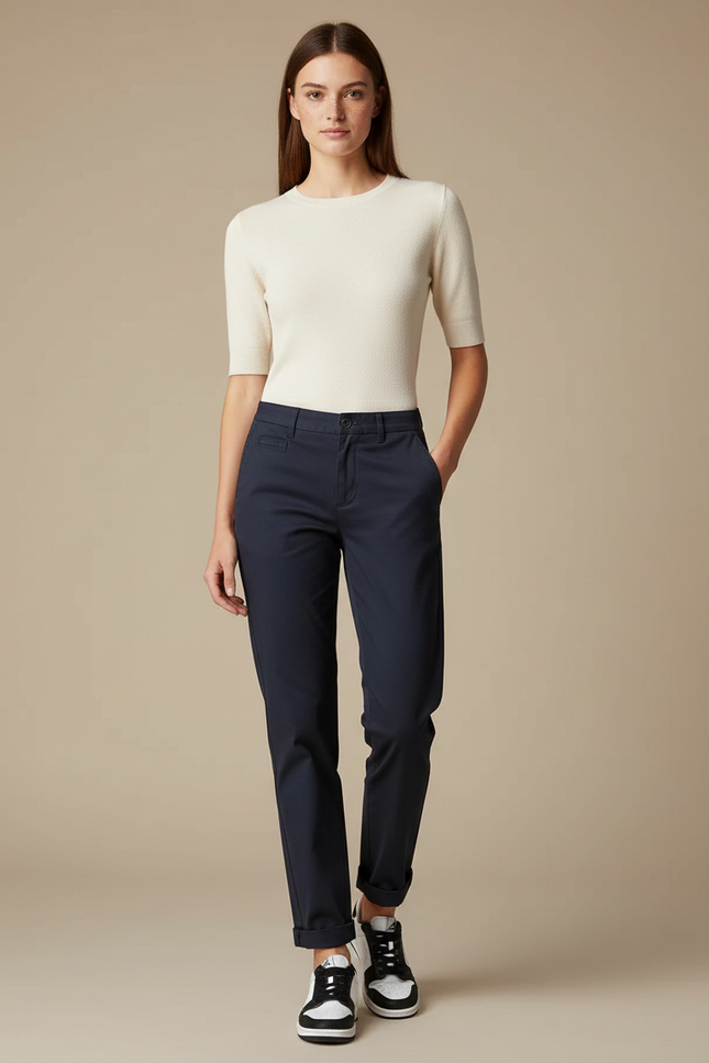 Pantalon Chino Marine Coton Décontracté Femme Coupe Droite