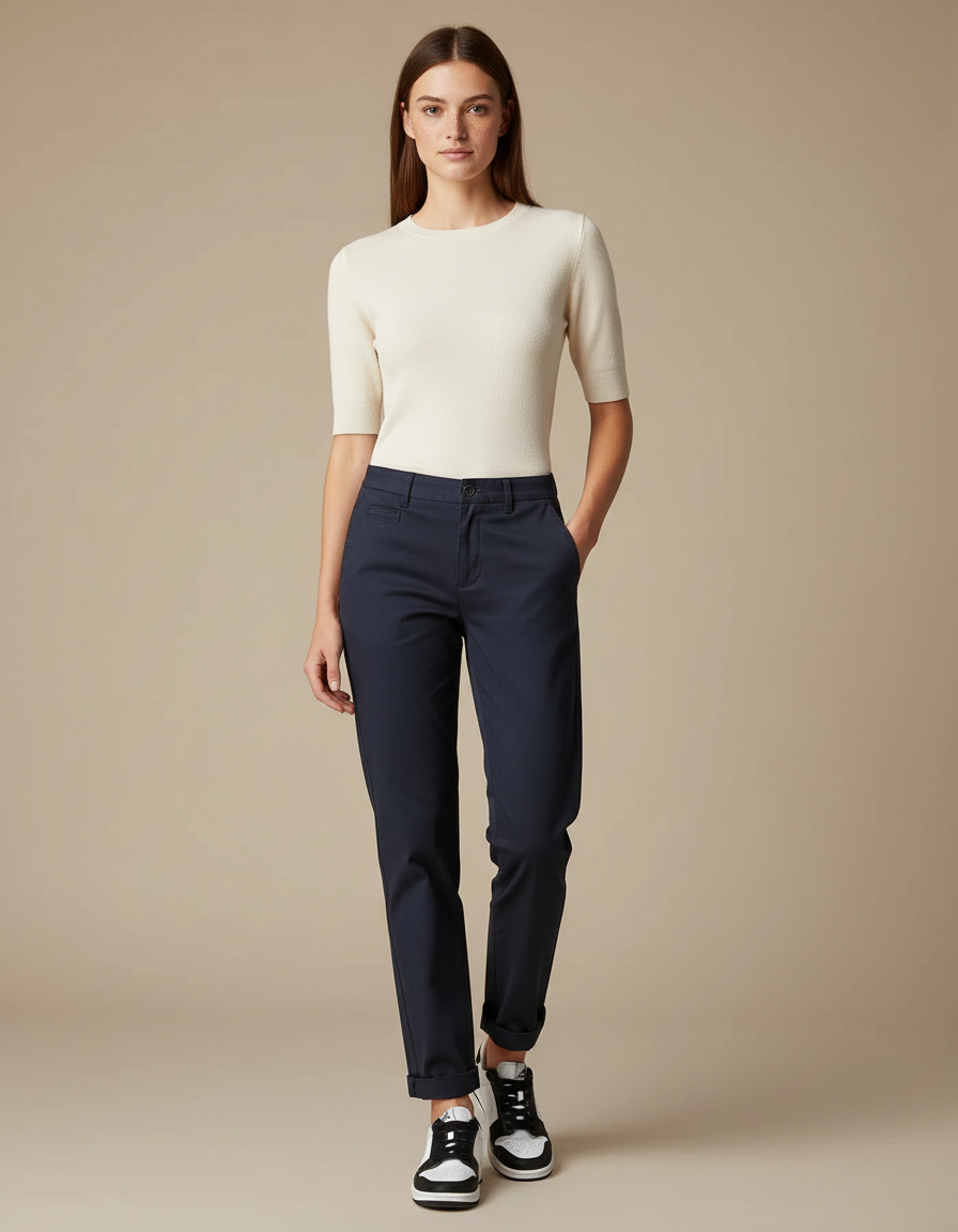 Pantalon Chino Marine Coton Décontracté Femme Coupe Droite
