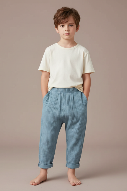 Pantalon Chino Bleu Coton Plissé Ample Enfant