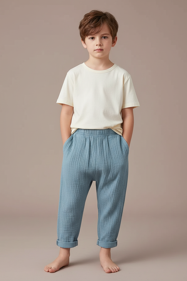 Pantalon Chino Bleu Coton Plissé Ample Enfant