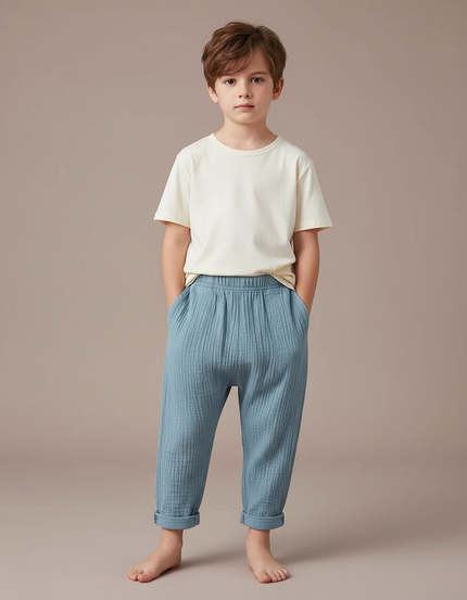 Pantalon Chino Bleu Coton Plissé Ample Enfant
