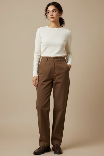 Pantalon Chino Femme Marron Droit - Gabardine