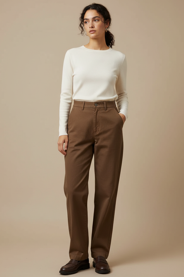 Pantalon Chino Femme Marron Droit - Gabardine