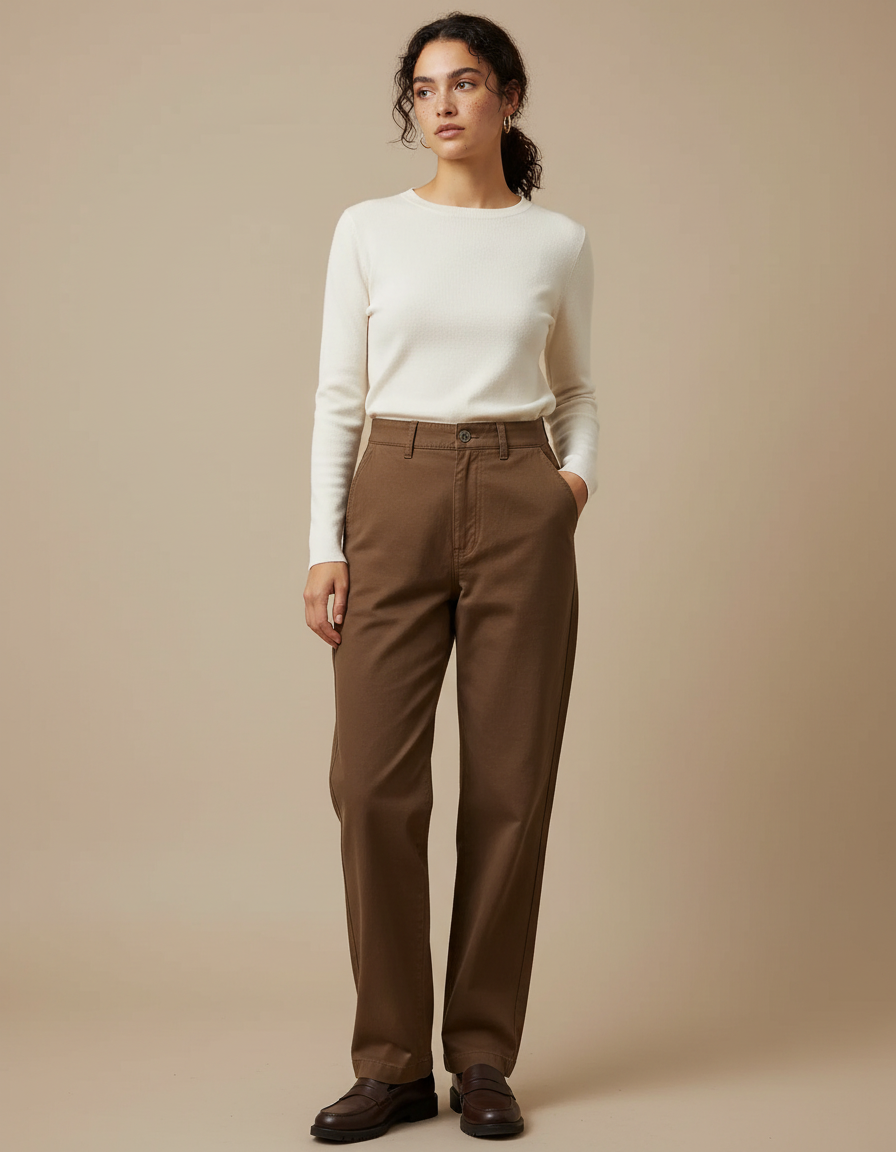 Pantalon Chino Femme Marron Droit - Gabardine