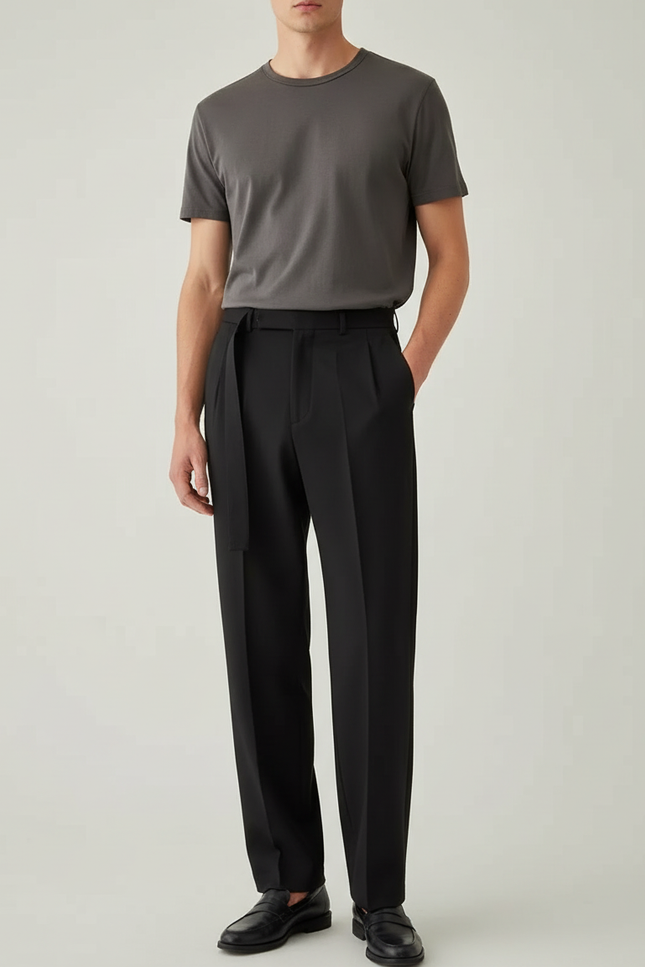 Pantalon Chino Noir Droit Ceinturé Élégant Homme - Gabardine