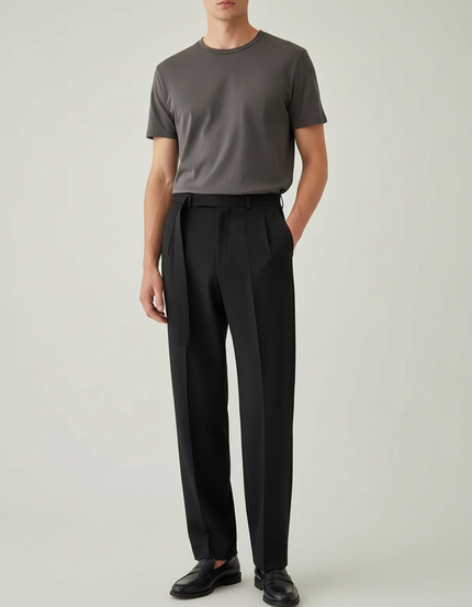 Pantalon Chino Noir Droit Ceinturé Élégant Homme - Gabardine