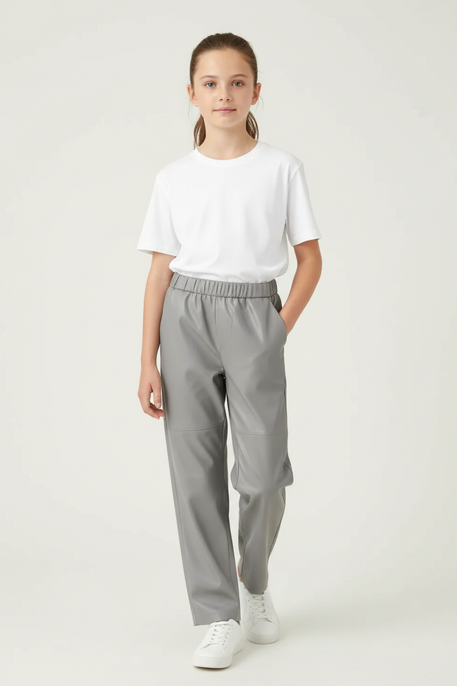 Pantalon Chino Gris Similicuir Élastique Ample Fille - Simili cuir