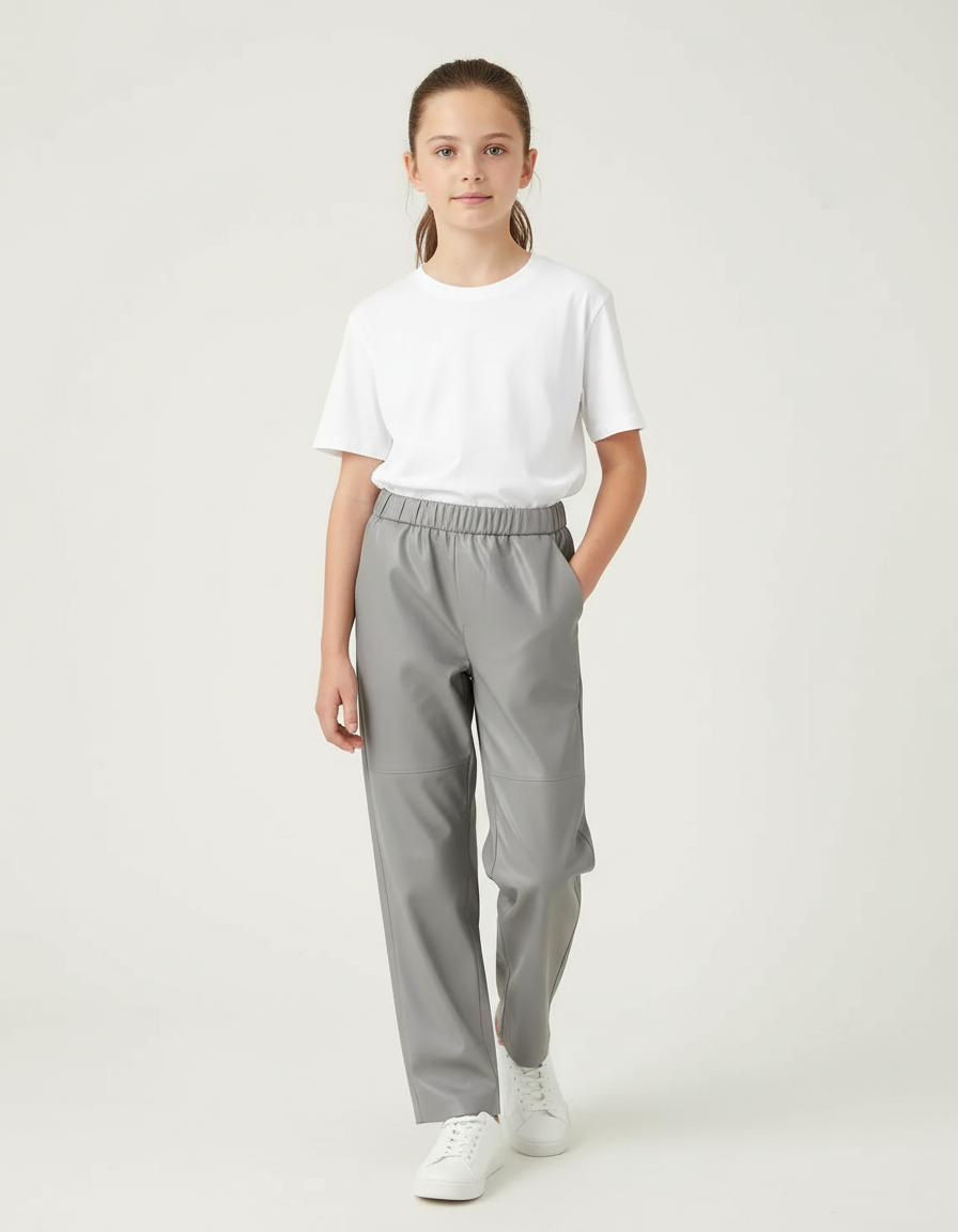 Pantalon Chino Gris Similicuir Élastique Ample Fille - Simili cuir