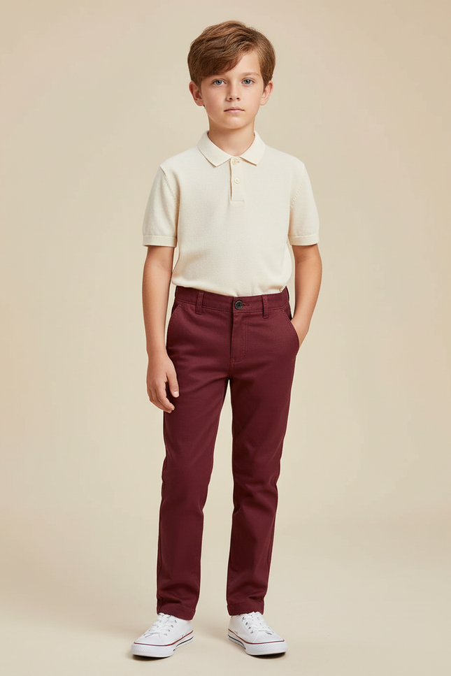 Pantalon Chino Bordeaux Coton Slim Garçon Élégant