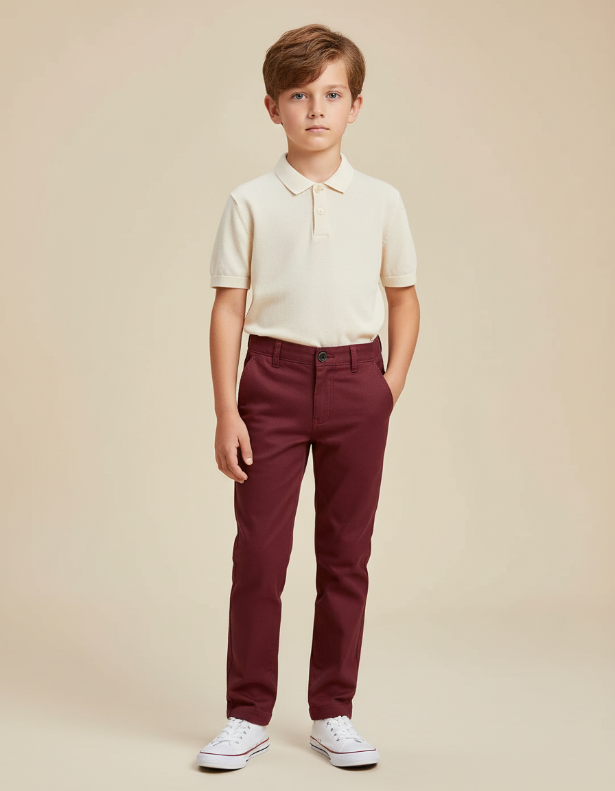 Pantalon Chino Bordeaux Coton Slim Garçon Élégant