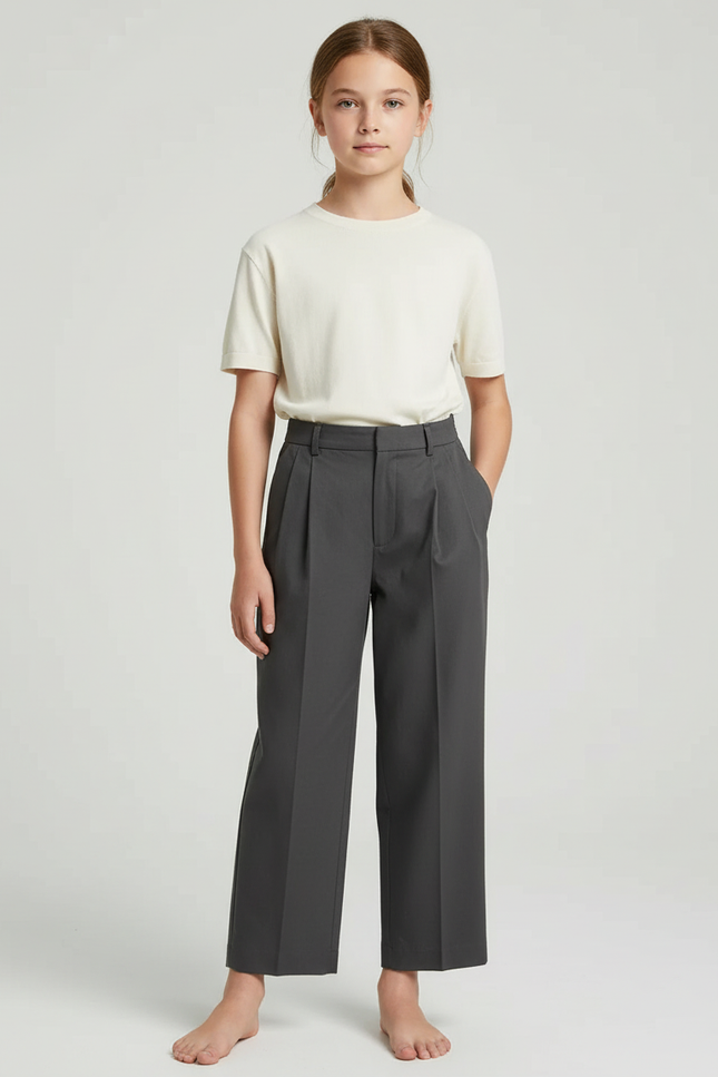 Pantalon Chino Gris Anthracite Plissé Ample Enfant - Gabardine