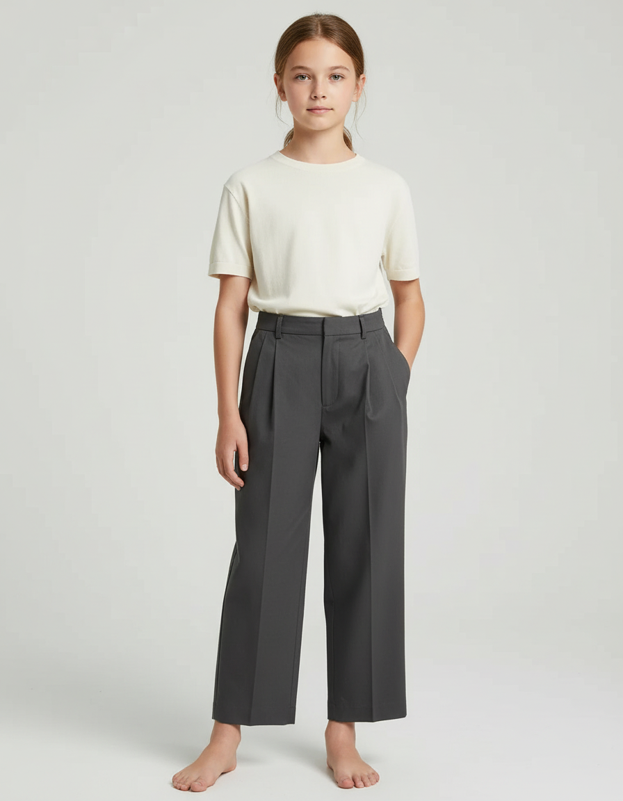 Pantalon Chino Gris Anthracite Plissé Ample Enfant - Gabardine