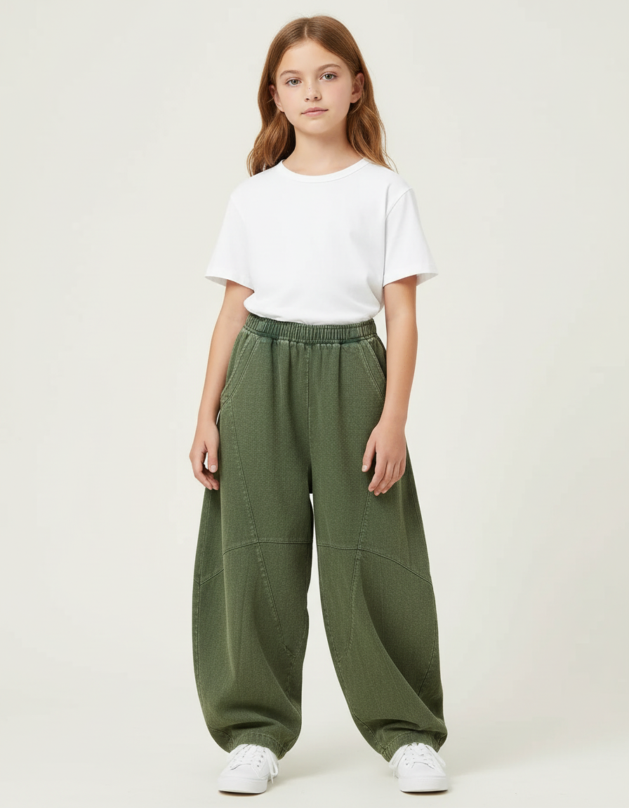 Pantalon Chino Vert Ample Coton Enfant - Kaki Toile