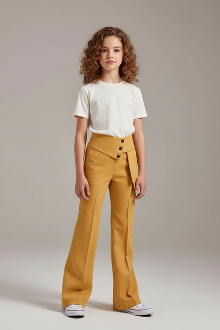 Pantalon Chino Jaune Moutarde Droit Taille Haute Boutons - Gabardine