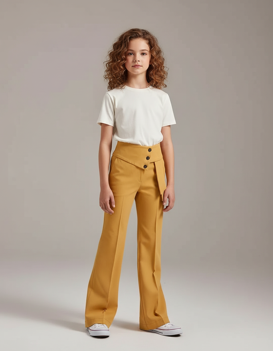 Pantalon Chino Jaune Moutarde Droit Taille Haute Boutons - Gabardine