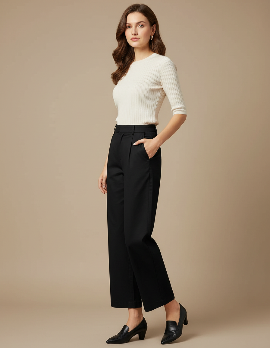 Pantalon Chino Femme Noir Droit Coton