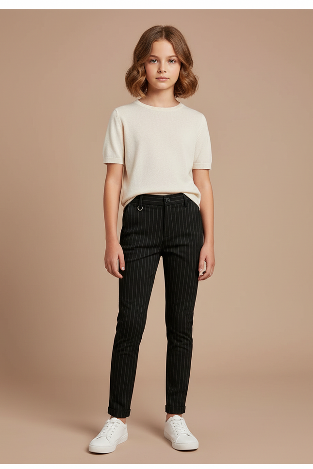 Pantalon Chino Noir Rayé Slim Fille Élégant - Gabardine