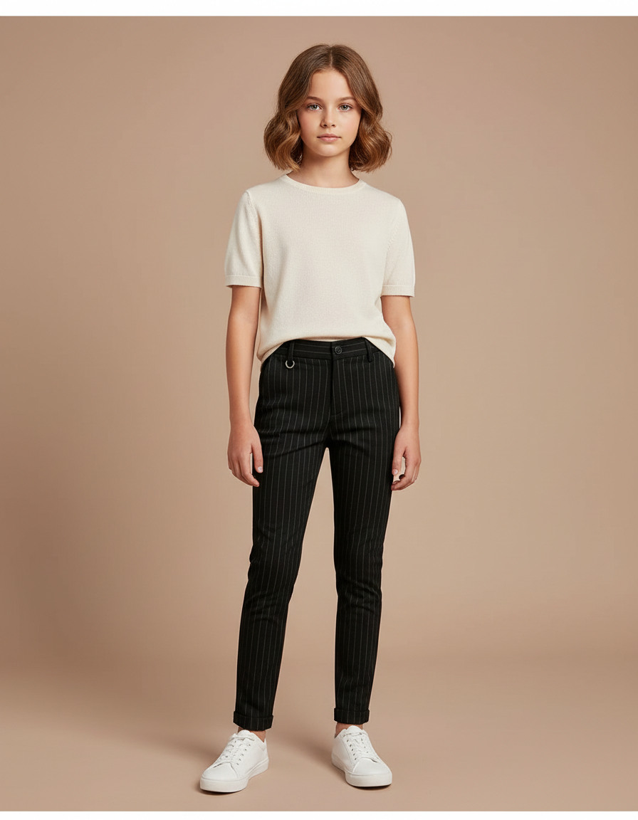 Pantalon Chino Noir Rayé Slim Fille Élégant - Gabardine