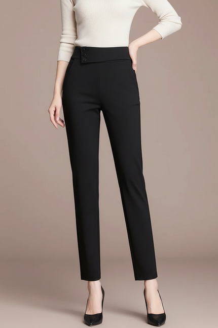 Pantalon Chino Noir Taille Haute Boutons Élégant Femme - Gabardine