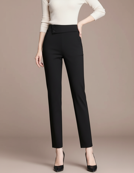 Pantalon Chino Noir Taille Haute Boutons Élégant Femme - Gabardine