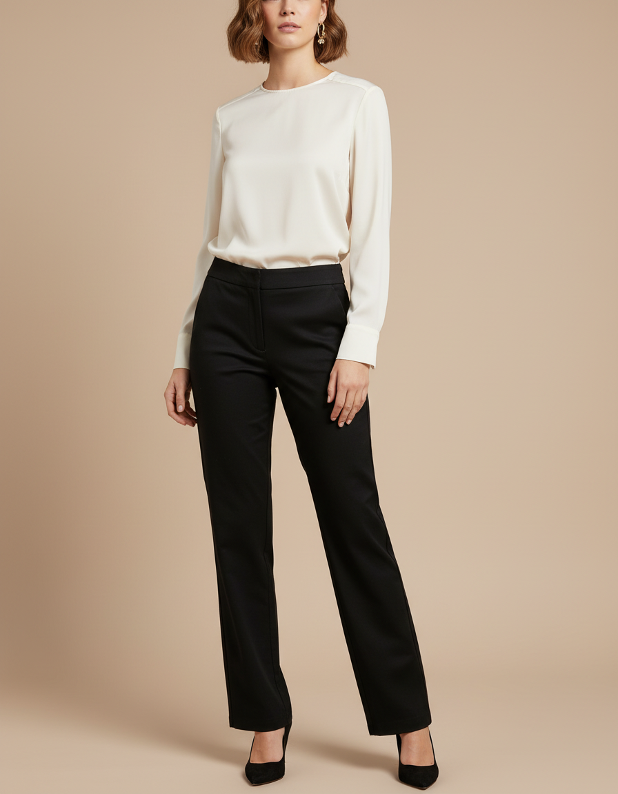 Pantalon Chino Noir Droit Élégant Extensible Femme - Gabardine