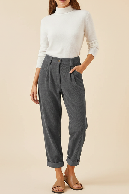 Pantalon Chino Gris Côtelé Plissé Ample Femme - Cordé