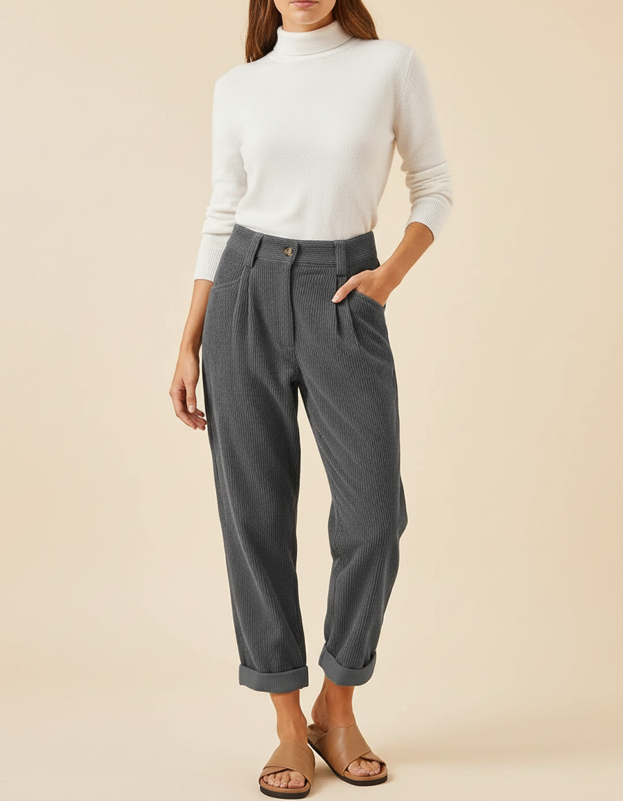Pantalon Chino Gris Côtelé Plissé Ample Femme - Cordé