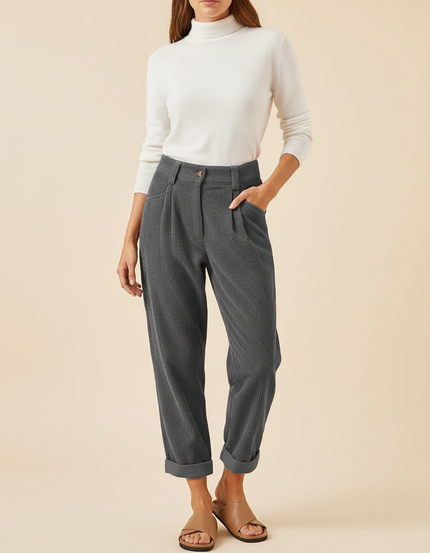 Pantalon Chino Gris Côtelé Plissé Ample Femme - Cordé