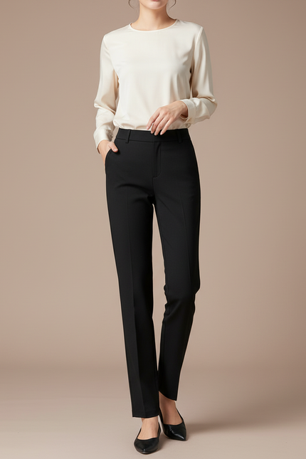 Pantalon Chino Noir Droit Taille Haute Élégant Femme - Polyester