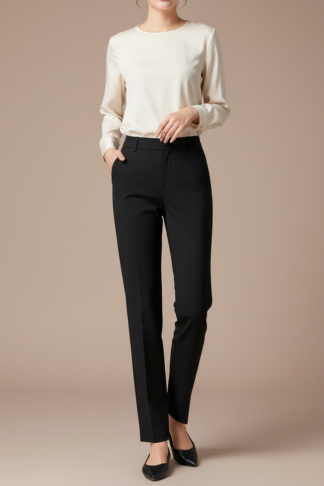 Pantalon Chino Noir Droit Taille Haute Élégant Femme - Polyester