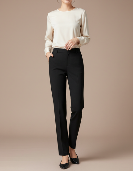 Pantalon Chino Noir Droit Taille Haute Élégant Femme - Polyester