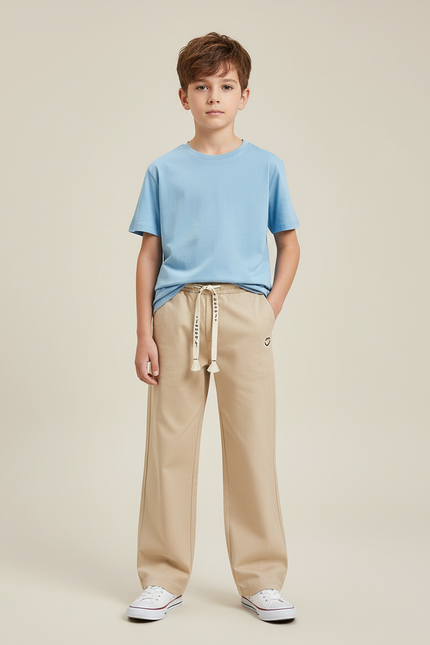 Pantalon Chino Beige Ample Coton Enfant Décontracté Cordon