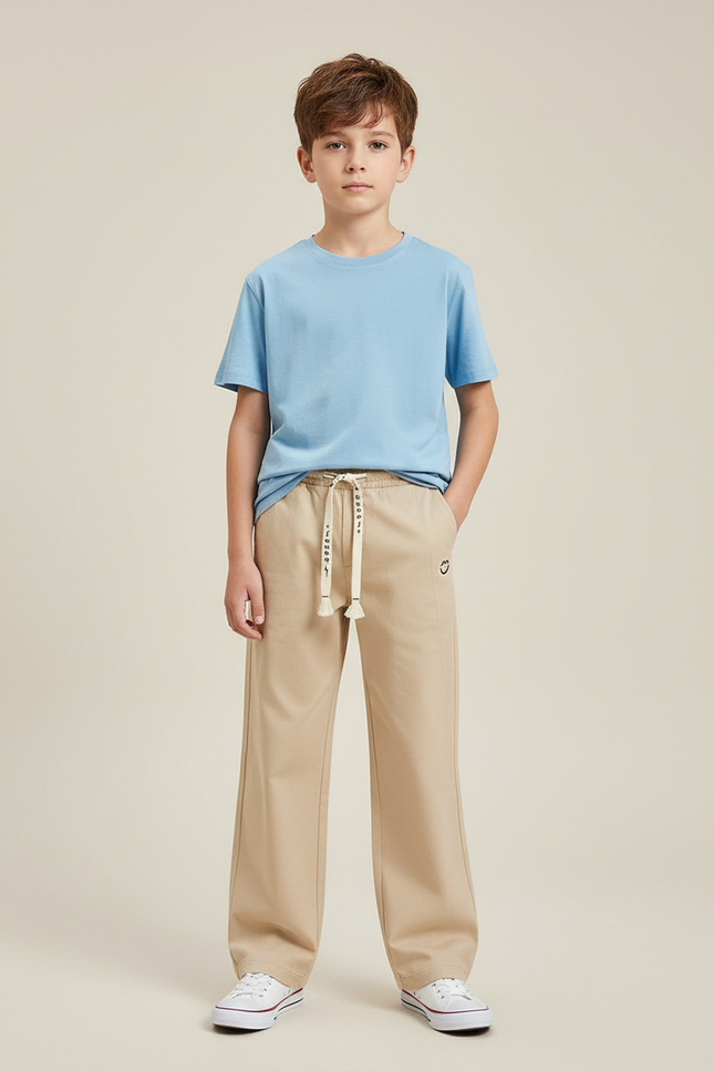 Pantalon Chino Beige Ample Coton Enfant Décontracté Cordon