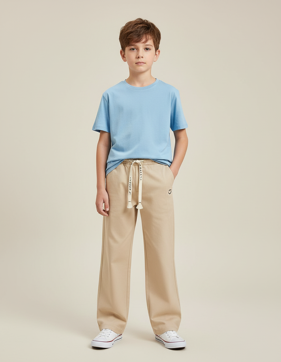 Pantalon Chino Beige Ample Coton Enfant Décontracté Cordon