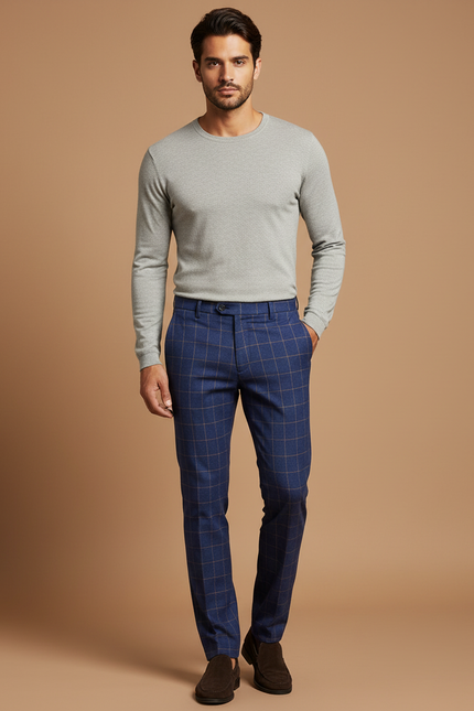 Pantalon Chino Bleu Carreaux Slim Élégant Homme - Marine Laine