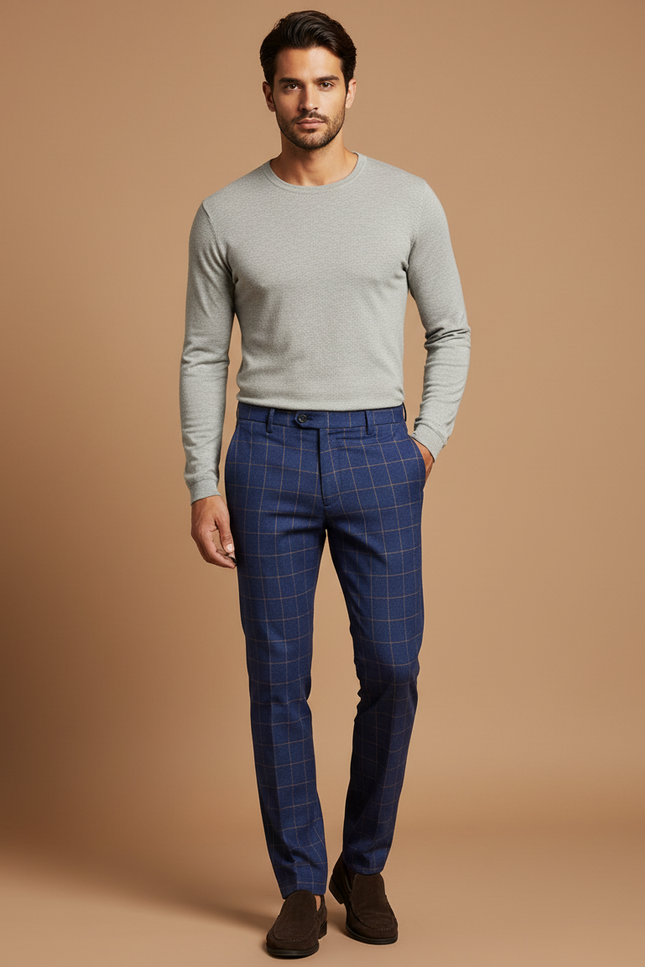 Pantalon Chino Bleu Carreaux Slim Élégant Homme - Marine Laine