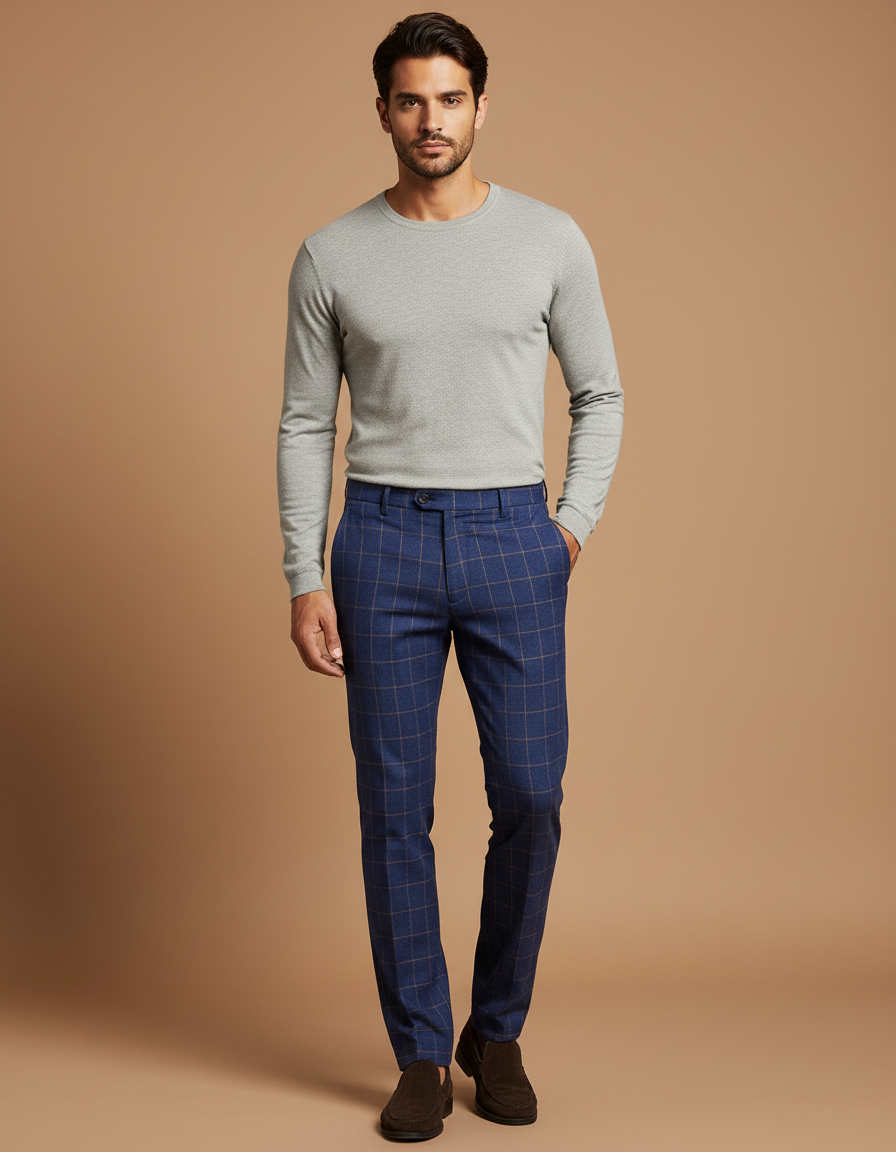 Pantalon Chino Bleu Carreaux Slim Élégant Homme - Marine Laine