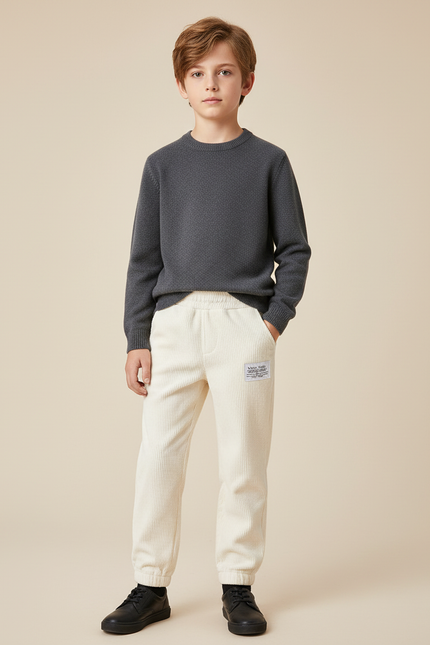 Pantalon Chino Crème Côtelé Ample Élastique Enfant - Beige Cordé