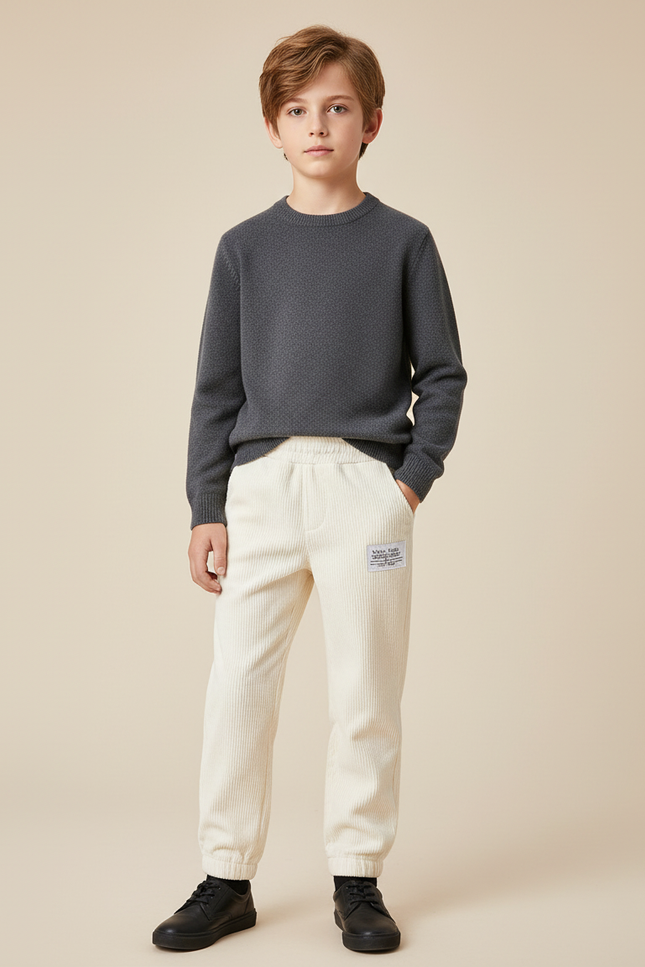 Pantalon Chino Crème Côtelé Ample Élastique Enfant - Beige Cordé