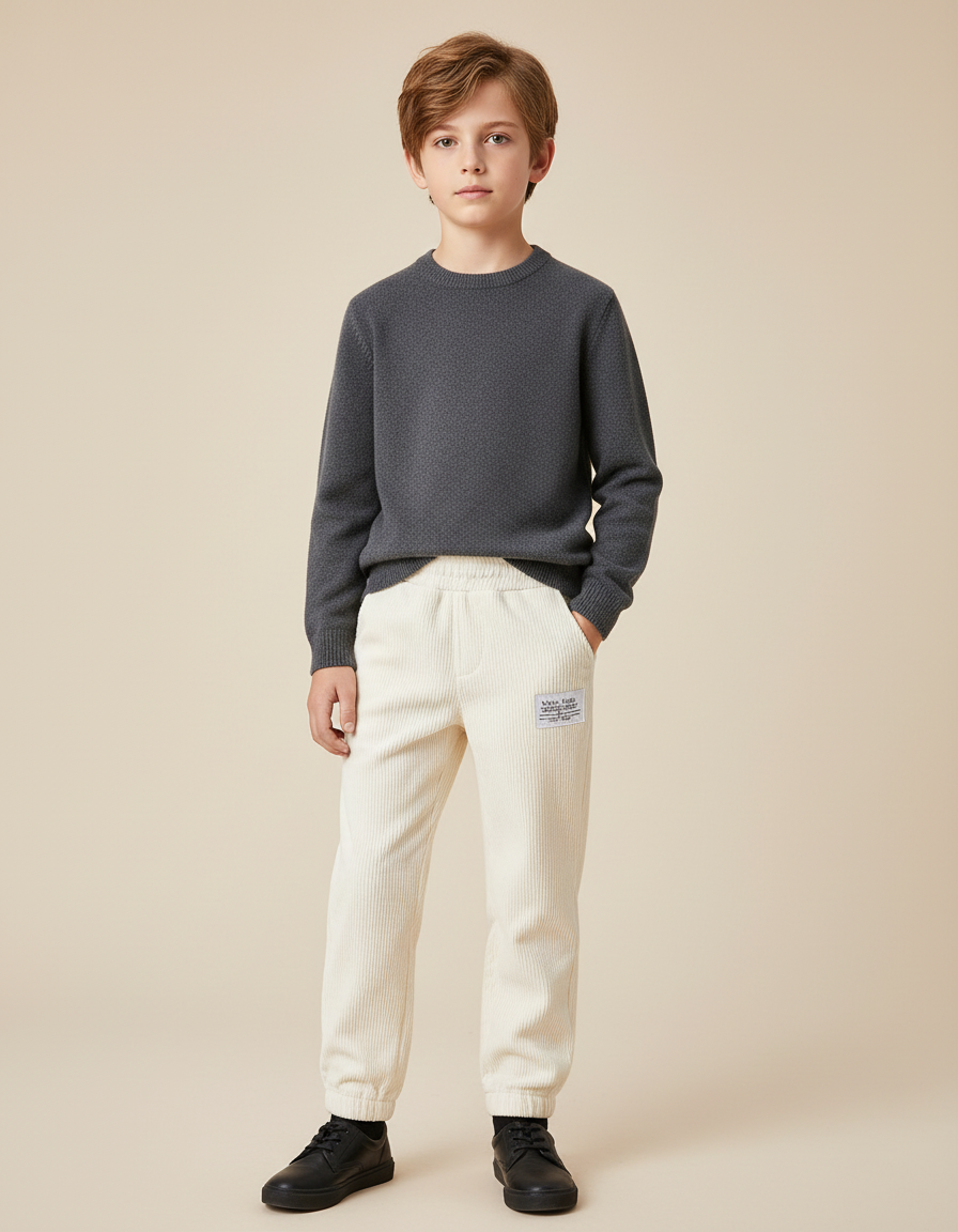 Pantalon Chino Crème Côtelé Ample Élastique Enfant - Beige Cordé