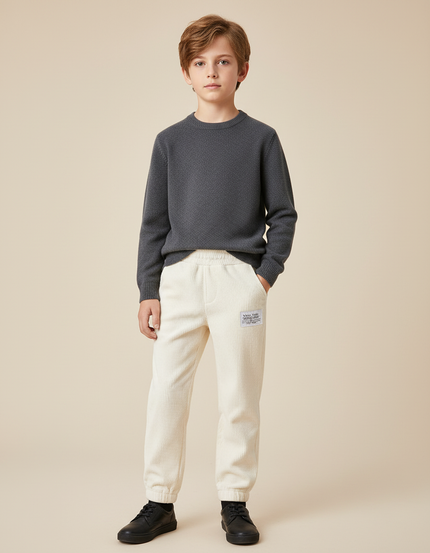 Pantalon Chino Crème Côtelé Ample Élastique Enfant - Beige Cordé
