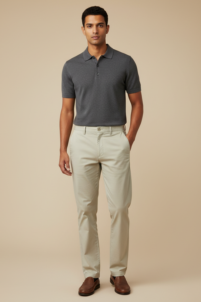 Pantalon Chino Beige Coton Uni Slim Décontracté