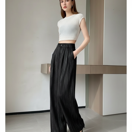 Pantalon Chino Noir Rayé Large Plissé Fluide - Polyester