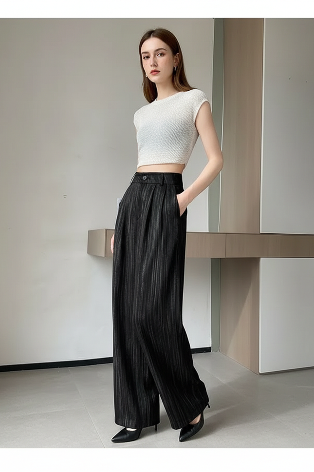 Pantalon Chino Noir Rayé Large Plissé Fluide - Polyester