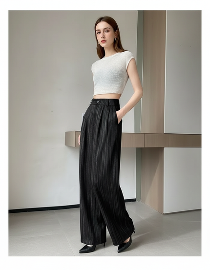 Pantalon Chino Noir Rayé Large Plissé Fluide - Polyester