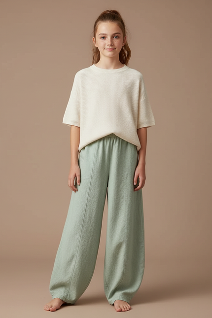 Pantalon Chino Vert Ample Lin Fluide Femme