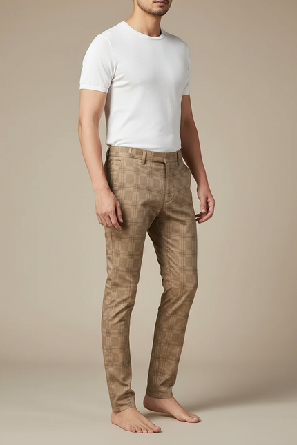 Pantalon Chino Carreaux Marron Slim Élégant Homme - Gabardine
